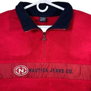 Vintage Nautica Jeans Co. Red Fleece 1/4 Zip Pullover Sweatshirt Mens 2XL